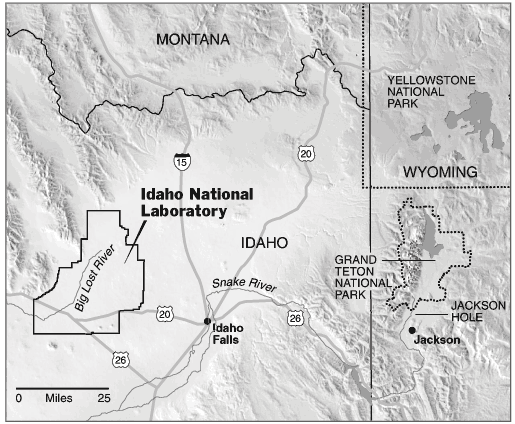 Location map of the huge Idaho National Laboratory. It has had many other names in the past. Most locals just call it "The Site."