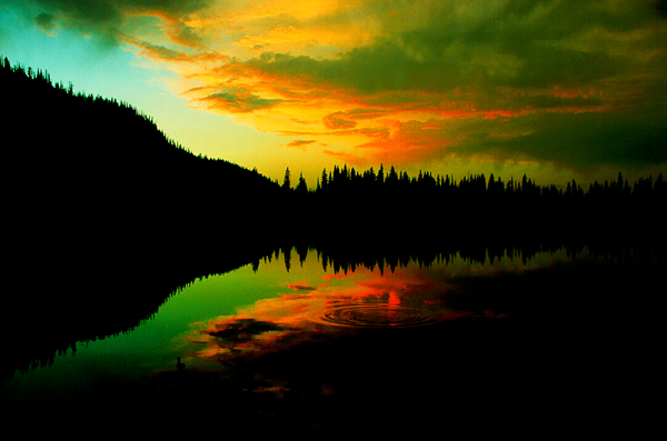 Sunset on one of the Lake Creek Lakes. Frank Church Wilderness, Idaho. Copyright Ralph Maughan
