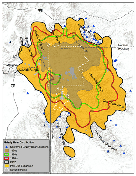 Greater Yellowstone grizzly distribution by decade. Map by Yellowstone Park.